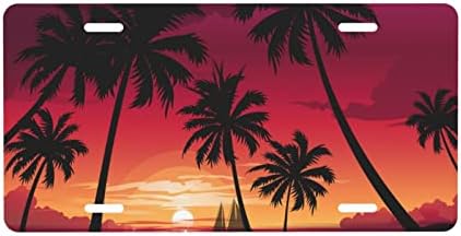 Palmiye Ağacı Tropikal Ada Günbatımı Plaka Dekoratif Ön Plaka Metal Alüminyum Araba Ön Etiketi Yenilik Plakaları Araba Kamyon