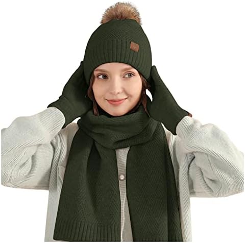 KEUSN Erkek Kadın Kış Şapka Yün Örme Sıcak Eldiven Şapka Eşarp Set Üç Parçalı Kış Rüzgar Geçirmez Topu Artı Kadife Örme şapka