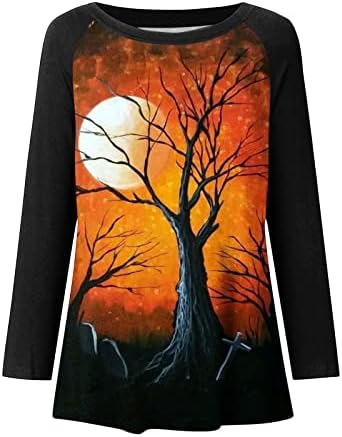 Üst T Shirt Kadın Sonbahar Yaz Giyim Moda Uzun Kollu Crewneck Pamuk Grafik Tatil Cadılar Bayramı Rahat Üst GU