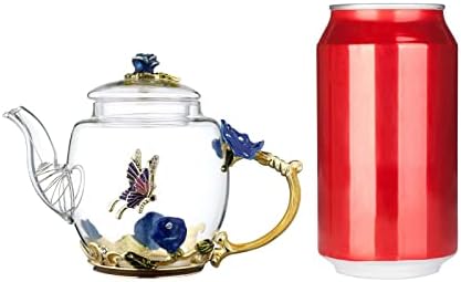 Cam çaydanlık-300 ml (10 oz) - Mavi Gül Çiçek dekoratif kelebek ısıya dayanıklı cam çaydanlık su ısıtıcısı gevşek Yaprak