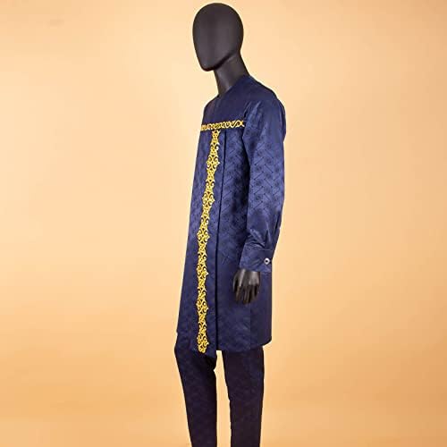 Bazin Riche Erkekler için Giysi Artı Boyutu Baskı Gömlek ve Pantolon 2 Parça Set Müslüman Giyim Resmi Kıyafetler