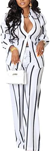 Pantolon Setleri Kadın 2 Parça Kıyafetler Uzun Kollu Şerit Düğme Aşağı Gömlek ve Yüksek Bel Geniş Bacak Pantolon Setleri