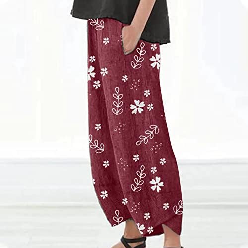 CHGBMOK Keten Geniş Bacak Pantolon kadın Elastik Belli dinlenme pantolonu Çiçek Baskılı Kırpılmış Rahat cepli pantolon