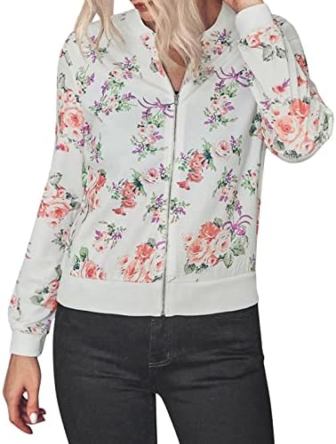 BEUU Bayan Moda Çiçek Baskı Zip-up Tişörtü Dikişli Casual Hırka Gömlek Ceketler Gevşek Fermuar Coats Tops