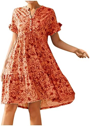 Kadın 2023 Yaz Elbiseler Bohemian Çiçek Salıncak Midi Elbise Düğmesi Ön V Boyun Kısa Kollu Fırfır Katmanlı A-Line uzun elbise