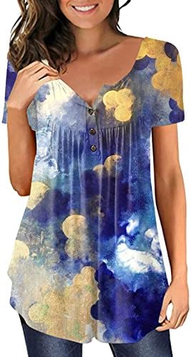 Çiçek Baskı Tunik Üstleri Kadınlar için Gevşek Fit Gizlemek Karın T-Shirt Yaz Rahat Kısa Kollu Düğme V Yaka Bluz Üst