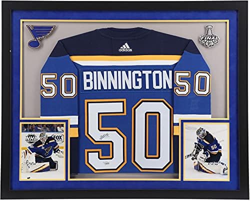 Jordan Binnington St. Louis Blues Deluxe Çerçeveli İmzalı Mavi Adidas Otantik Forması ile 2019 Stanley Kupası Finali Yama
