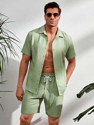 NIBHZ İki Parçalı Kıyafetler Erkekler için Erkekler Katı Düğme Ön Gömlek ve İpli Bel Şort (Renk: Nane Yeşili, Boyut: Büyük)