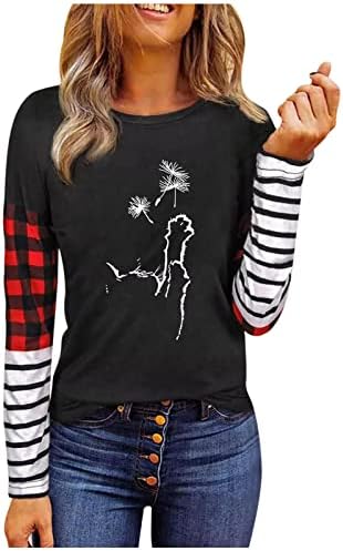 Kadın Ayçiçeği T Shirt Uzun Kollu Çizgili Ekose Patchwork Baskı Bluzlar Sevimli Grafik Casual Tees Gömlek