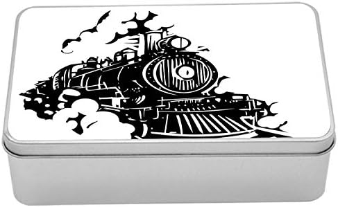 Ambesonne Tren Teneke Kutu, Demiryolu Lokomotif Taşımacılığının Tek Renkli Gravür Çizimi, Kapaklı Taşınabilir Dikdörtgen