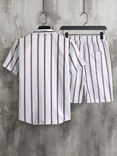 FİOXA İki Parçalı Kıyafetler Erkekler için Erkekler Rastgele Dikey Çizgili Gömlek ve İpli Bel Şort Tee Olmadan (Renk : Beyaz,