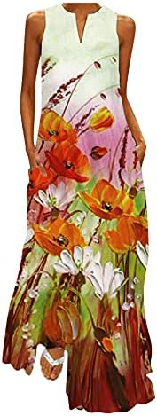 Uscharm Bohemian Maxi Elbiseler Kadınlar ıçin Rahat Yaz Kolsuz Çentikli V Boyun Güneş Elbise Kat Uzunluk Bir Çizgi Y2K Elbiseler