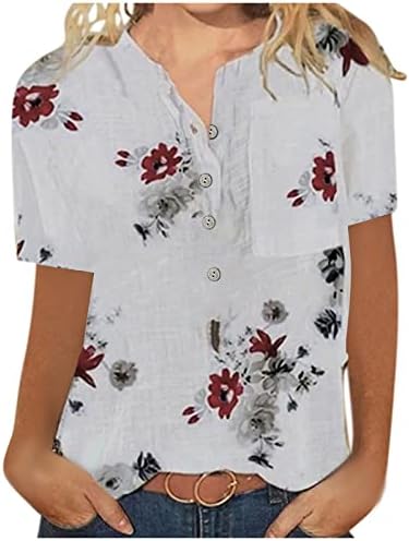 Bayan Üstleri Yaz, Kadın 1/2 Düğme Gömlek Çiçek Baskı Kısa Kollu Henley Gömlek Casual Gevşek Fit Bluz