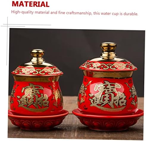 STOBAZA 2 adet Fengshui Tabağı Sunak Konteyner Kırmızı Uğurlu Kurban Desen Depolama Kupa Meditasyon Feng Tapınağı Porselen
