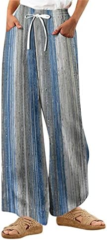 Bayan Yaz Vintage Pamuk Keten Geniş Bacak İpli Pantolon Yüksek Bel Cepler Gevşek Rahat Dikey Çizgili Pantolon