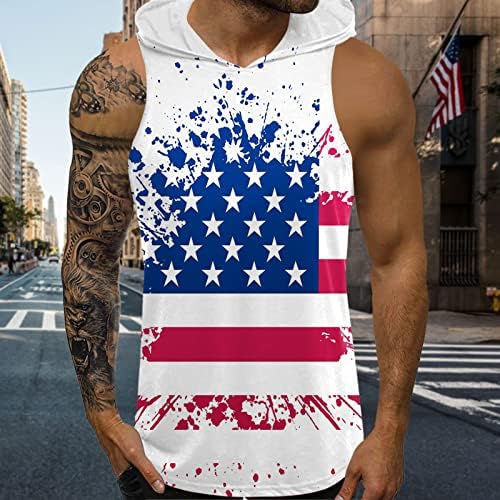 Erkek Retro Vatansever Amerikan Bayrağı Egzersiz Tankı Üstleri Hood ile Atletik Kolsuz Spor t-Shirt Kasları Tees Cepler ile