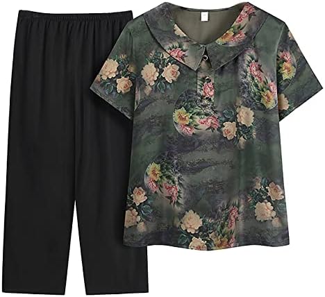 Yaz Setleri Kadınlar 2 Parça Kıyafetler Artı Boyutu Gevşek Yaşlı Kısa Kollu Gömlek ve Pantolon Salonu Setleri Rahat Egzersiz