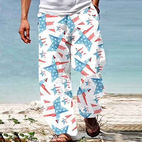 Erkek Rahat Pamuk Keten Pantolon Amerikan Bayrağı Baskılı Elastik Bel Hafif Slim Fit Yoga plaj cepli pantolon