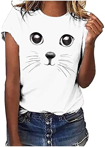 T Shirt Kadın 3D Kedi Baskılı Yaz Üstleri Yuvarlak Boyun Genç Kızlar kısa kollu tişört Rahat Şık Bluzlar Gevşek Tunik Üstleri