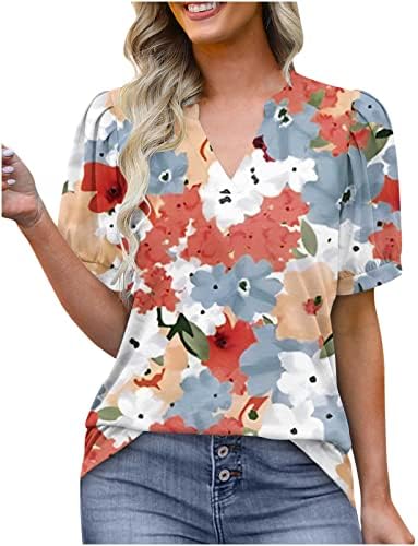 lcepcy Zarif Çiçek Puf Kollu Üst Kadınlar için V Boyun yazlık gömlek Gevşek Fit Bluzlar Tayt ile Giymek