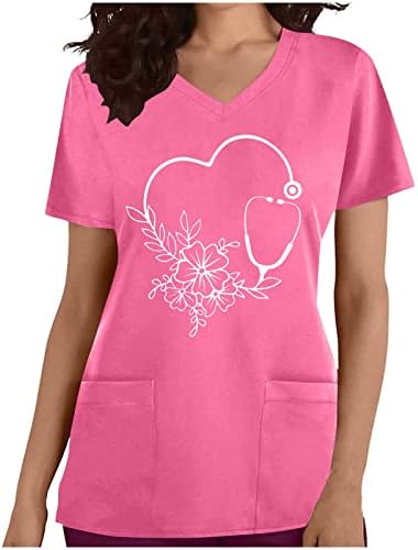 Bayan Rahat Scrub_Blouses Sevimli Grafik Baskı T Shirt V Boyun Kısa Kollu Tee Üstleri 2023 Yaz İş Giysisi
