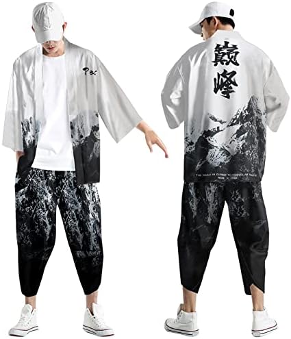 Xiloccer erkek Japon Kimono Ceket Takım Elbise Seti Gevşek Baskılı Açık Ön Yedi Kollu Kimono Hırka Mont ve pantolon Setleri